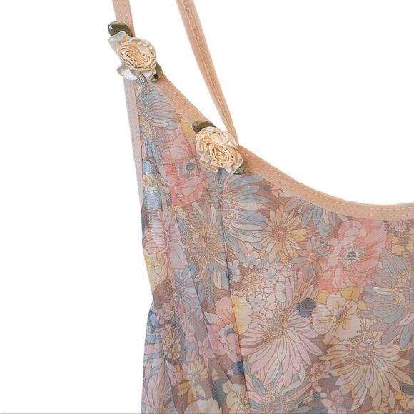 Women's Pastel Retro Floral Coquette Mesh See Through Chemise Slip Size S - Picture 3 of 8
